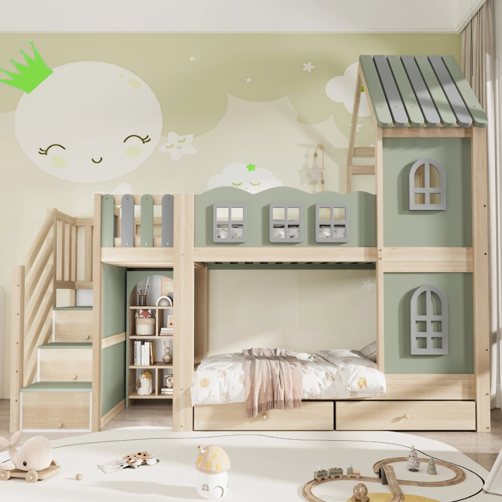 Letto a Castello 90x200 cm; 2 Posti - Scaletta Contenitore; Cassetti - Legno Verde Grigio