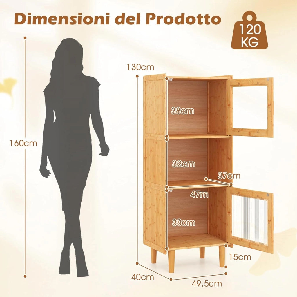 Armadietto da Cucina a 3 Ripiani con 2 Ante in Acrilico Trasparente, Credenza Espositore in Bambù Salvaspazio, Libreria Vetrina per Studio e Soggiorno, 49,5 x 40 x 130 cm, Naturale