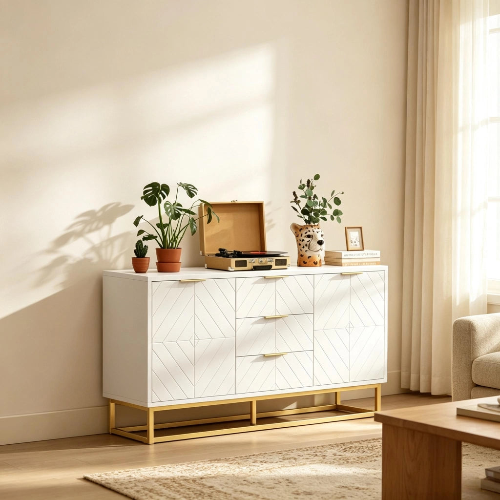 Credenza e madia con 2 ante, 3 cassetti e ripiano regolabile, per sala da pranzo, in MDF e metallo, bianco oro, 120 × 40 × 76 cm