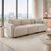 Divano Lineare 3 Posti con Schienale Alto e 2 Cuscini, Braccioli Arrotondati, in Ciniglia Beige