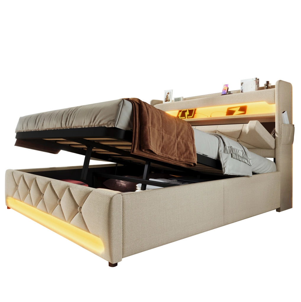Letto matrimoniale imbottito 140x190 cm beige con LED, ricarica USB-C e vano contenitore