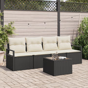 Set Divano da Giardino  5 Pezzi con Cuscini Rattan Nero e Panna