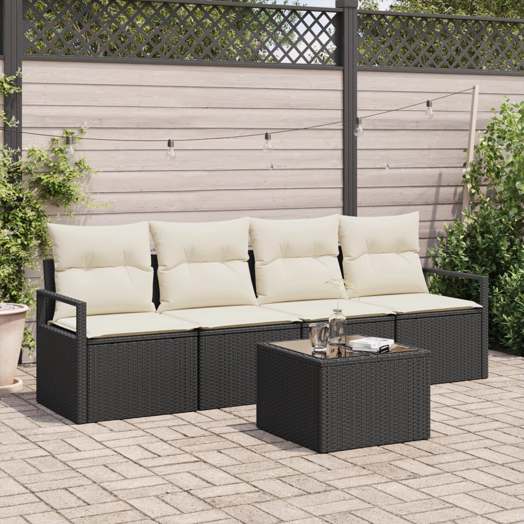 Set Divano da Giardino  5 Pezzi con Cuscini Rattan Nero e Panna