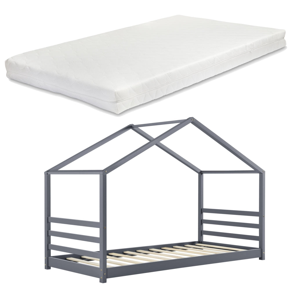Letto a Casetta per Cameretta Vardø con Materasso 90x200 cm Grigio Scuro [en.casa]