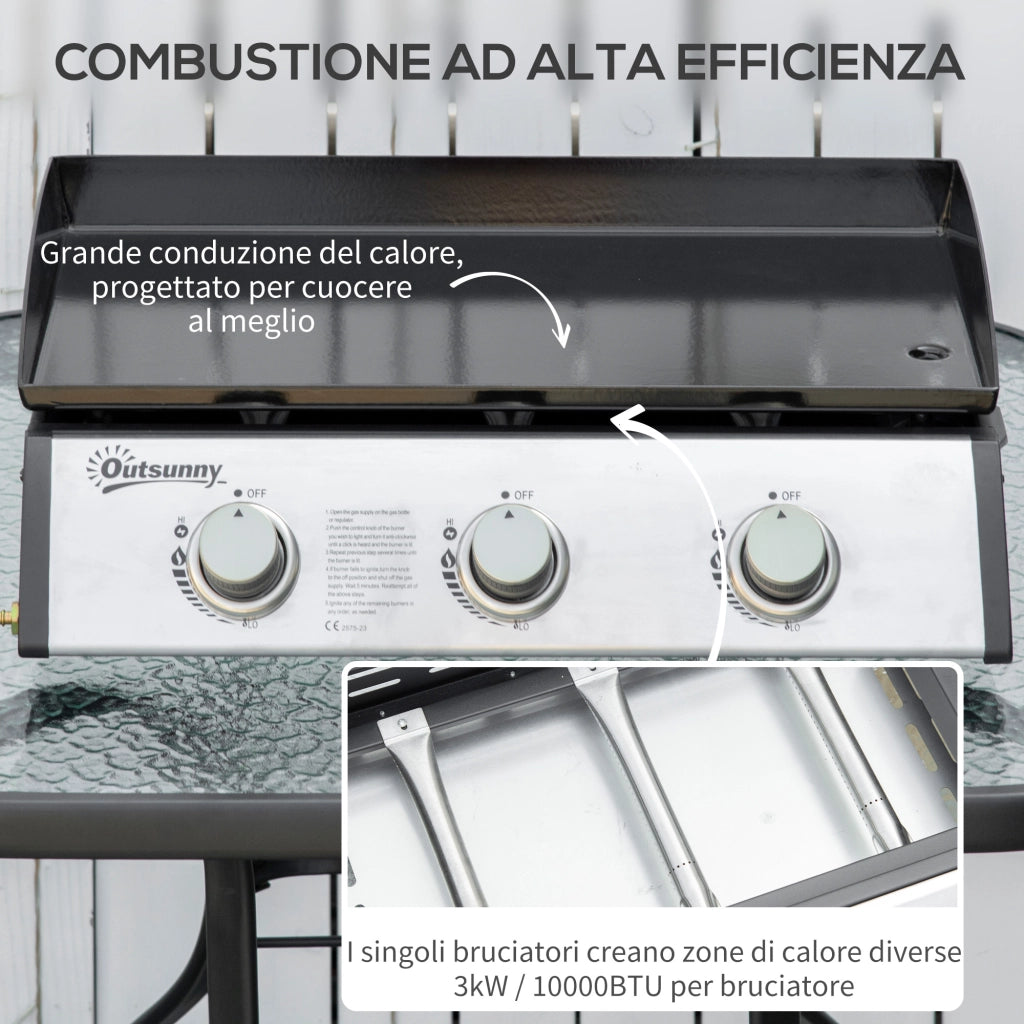 Piastra Barbecue a Gas da Tavolo con 3 Bruciatori ¨C zephmum ¨C Nero 62x46x21cm