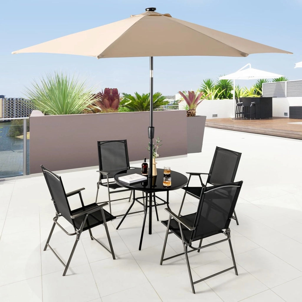 Tavolo da giardino con foro per ombrellone, tavolino rotondo in vetro temperato, tavolo da bistrot con robusto telaio in metallo, tavolo da pranzo per giardino, balcone, 86 x 86 x 71 cm