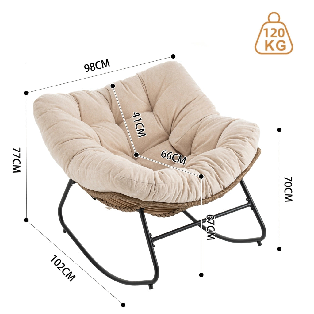 Poltrona a dondolo papasan in chenille con struttura ergonomica e supporto stabile beige 96 × 58 × 31 cm