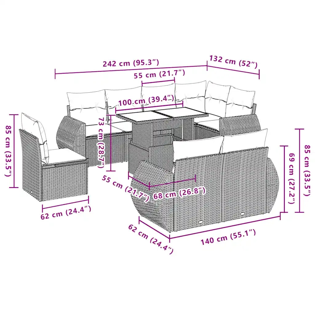 vidaXL Set Divano da Giardino 9pz con Cuscini Grigio Chiaro Polyrattan
