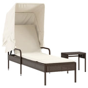 Lettino Prendisole | Sdraio da giardino | Lettino da sole con Baldacchino e Tavolo Marrone Polyrattan