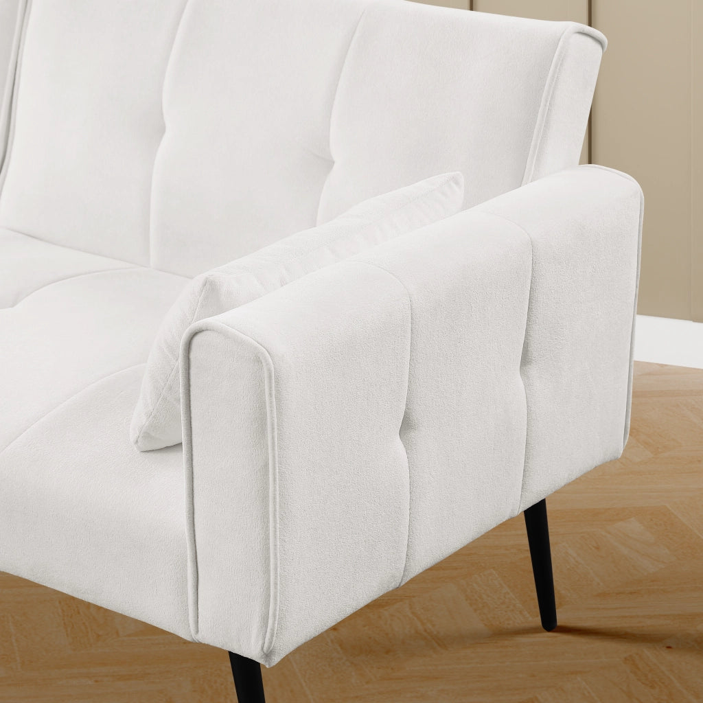 Divano letto futon convertibile con struttura in legno e piedini in metallo per salotto in tessuto a coste beige