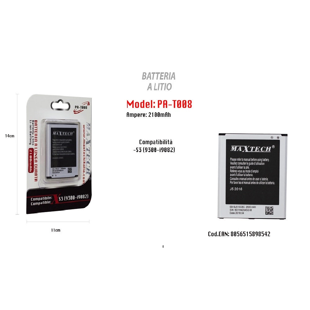 Trade Shop - Batteria A Litio Per S3 Compatibile Cellulare Smartphone 2100 Mah Maxtech Pa-t008 -