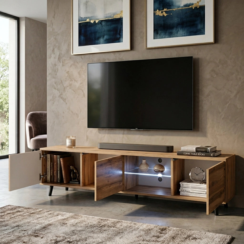 Porta Televisore Con 3 Ante Battenti Vano Centrale Con Ripiano In Vetro E LED Mobile TV In Melaminico Con Piedini In Metallo Per Soggiorno Salotto Zona Living 175 X 40 X 31.5 Cm Rovere