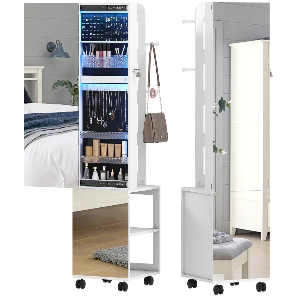 Armadio Portagioie con Specchio Girevole, Luce LED e Ripiani ¨C zephmum ¨C 37x40x165.5 cm, Nero