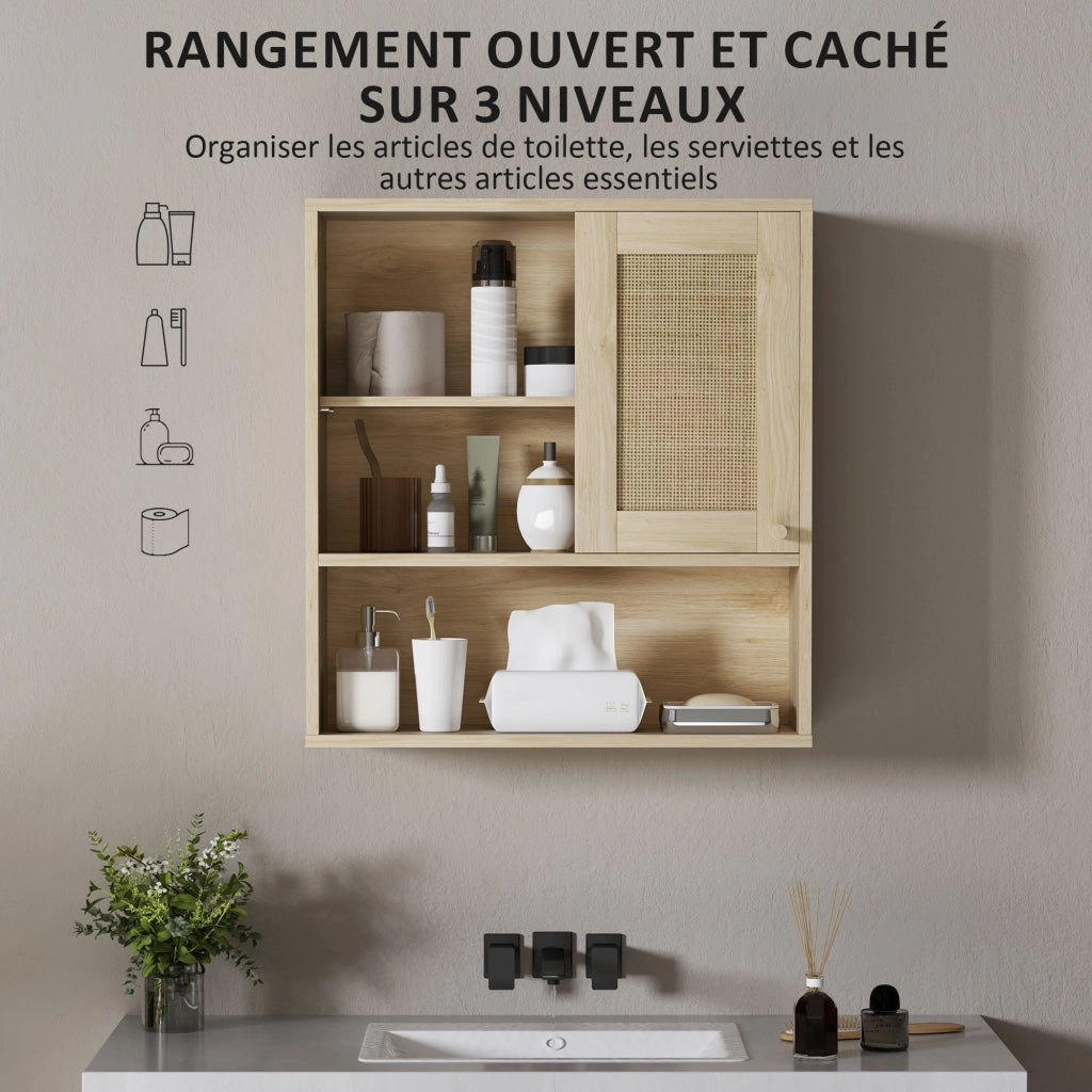 Armadio da bagno con ante scorrevoli e ripiani aperti ¨C zephmum ¨C legno naturale