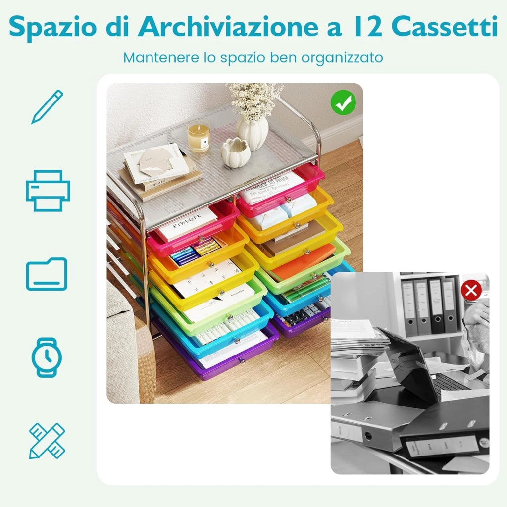 Carrello di Stoccaggio con 12 Cassetti, Carrello portaoggetti con 4 Ruote, Carrello Multiuso per Scuola Ufficio Cucina, 64 x 38 x 62 cm (12 cassetti Arcobaleno)