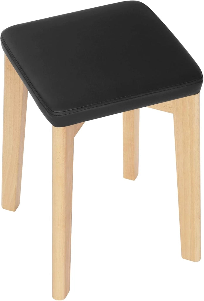 Sedie per Sala da Pranzo, Sgabelli in Legno Massiccio con Seduta Imbottita e Rivestita in PU, Sgabelli da Cucina Moderno Salvaspazio, 32,5x32,5x47cm, Colore Legno e Nero BH345sz-4