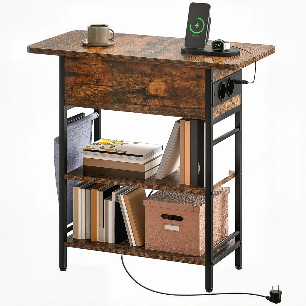 Tavolino da notte con cassetto e prese ¨C zephmum ¨C 60x29.8x58.5 cm rustico marrone