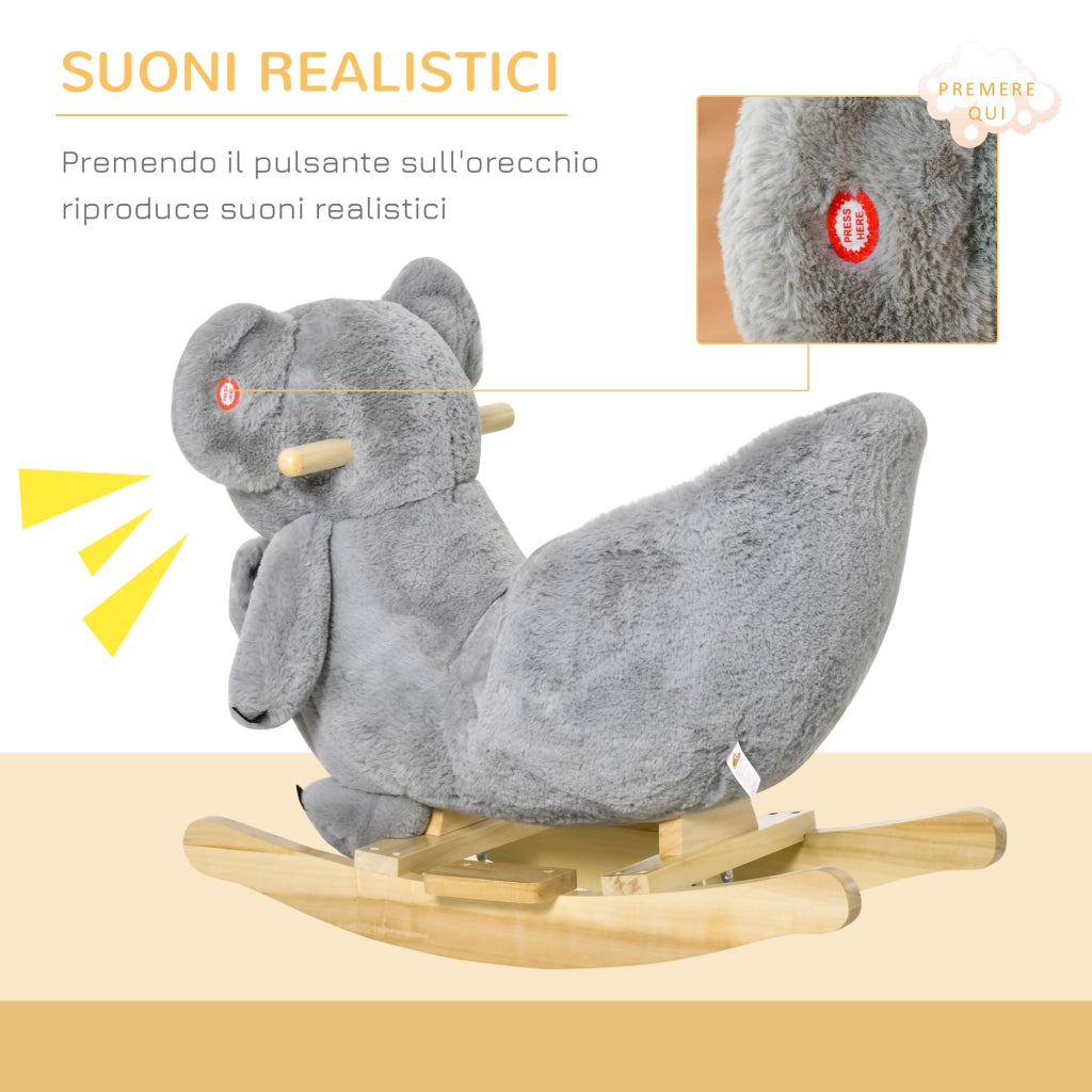 EasyComfort Cavallo a Dondolo Koala in Peluche Imbottita con Suoni, Cintura di sicurezza e Base in Legno, 60x33x50cm, Grigio