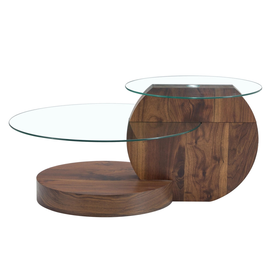 Tavolino da caffè moderno a due ripiani in vetro temperato e MDF; 78;5x78;5x24;5 cm; noce e trasparente
