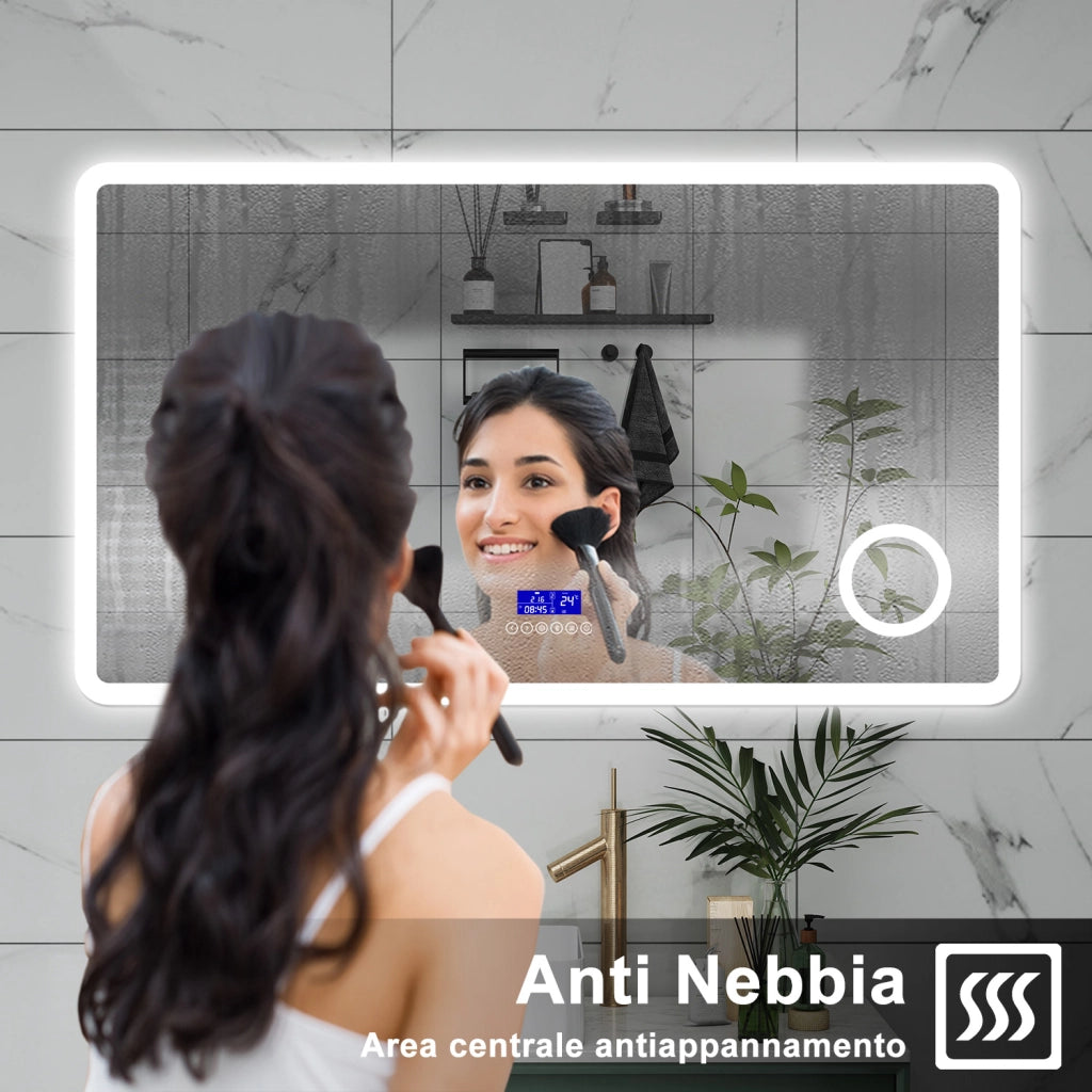 AICA Specchio da bagno  140 x 80 cm,  dimmerabile, Blue tooth,  Funzione Memoria, antiappannamento, 3 colori, Magnificatore,  orologio