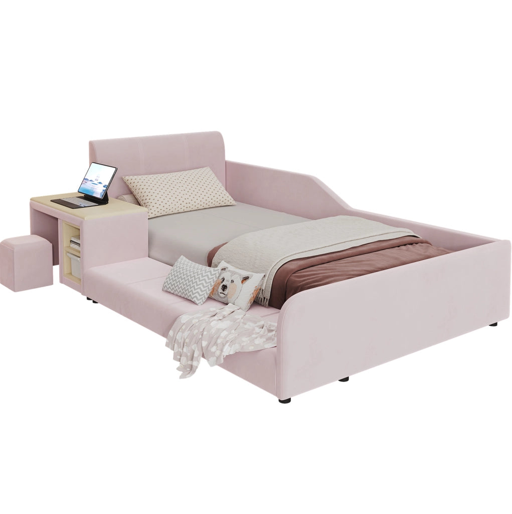 Letto imbottito 90x200 cm con scrivania; sgabello e ripiano in velluto rosa
