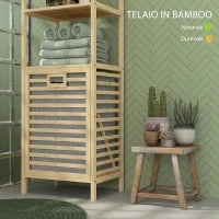 Colonna Bagno con 3 Ripiani in Legno di Bambù e Cesto Portabiancheria in Tessuto, 44x33x160cm
