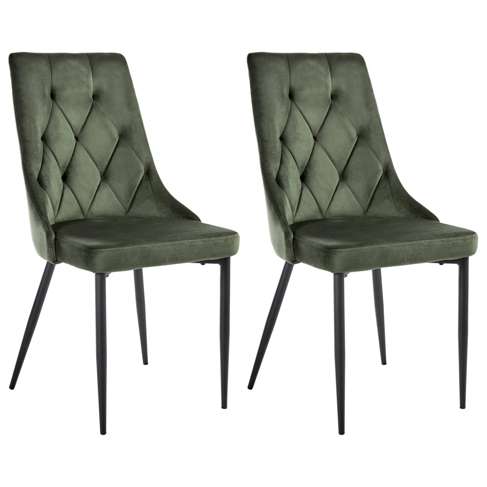 Set di 2 sedie da pranzo scandinave Rivestimento in velluto verde oliva Gambe in ferro nero Seduta in tessuto Senza braccioli