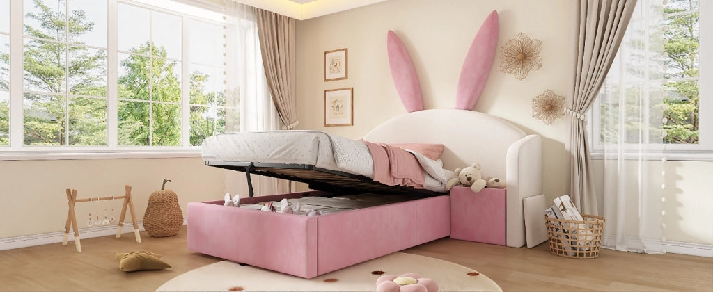 Letto per bambini 90 × 190 cm con testiera a orecchie di coniglio, comodino contenitore, senza materasso, beige e rosa