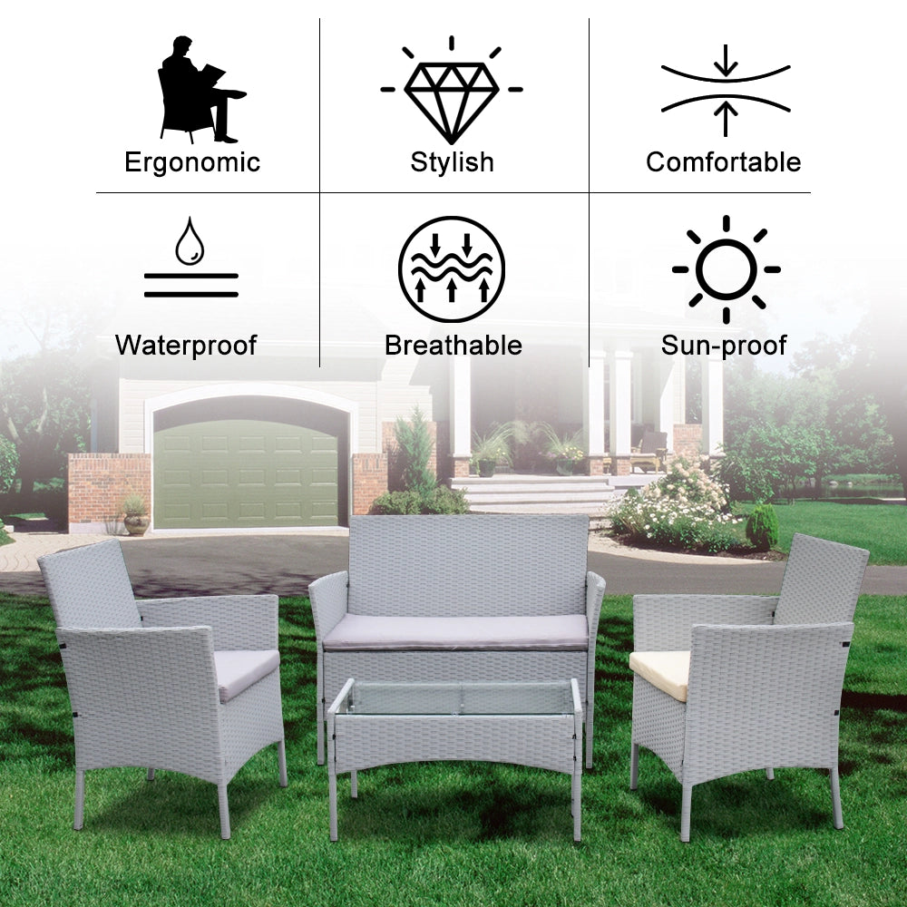 Set di mobili da giardino in polyrattan, grigio, 7 pezzi, con cuscino e tavolo, per esterni, giardino, terrazza