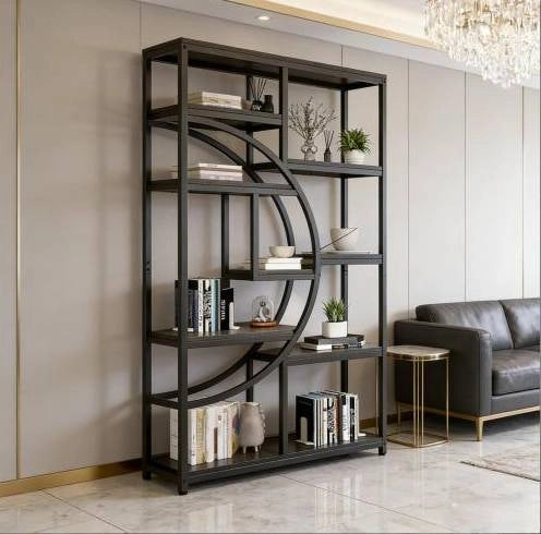 Libreria geometrica a 9 ripiani aperti in metallo nero e legno
