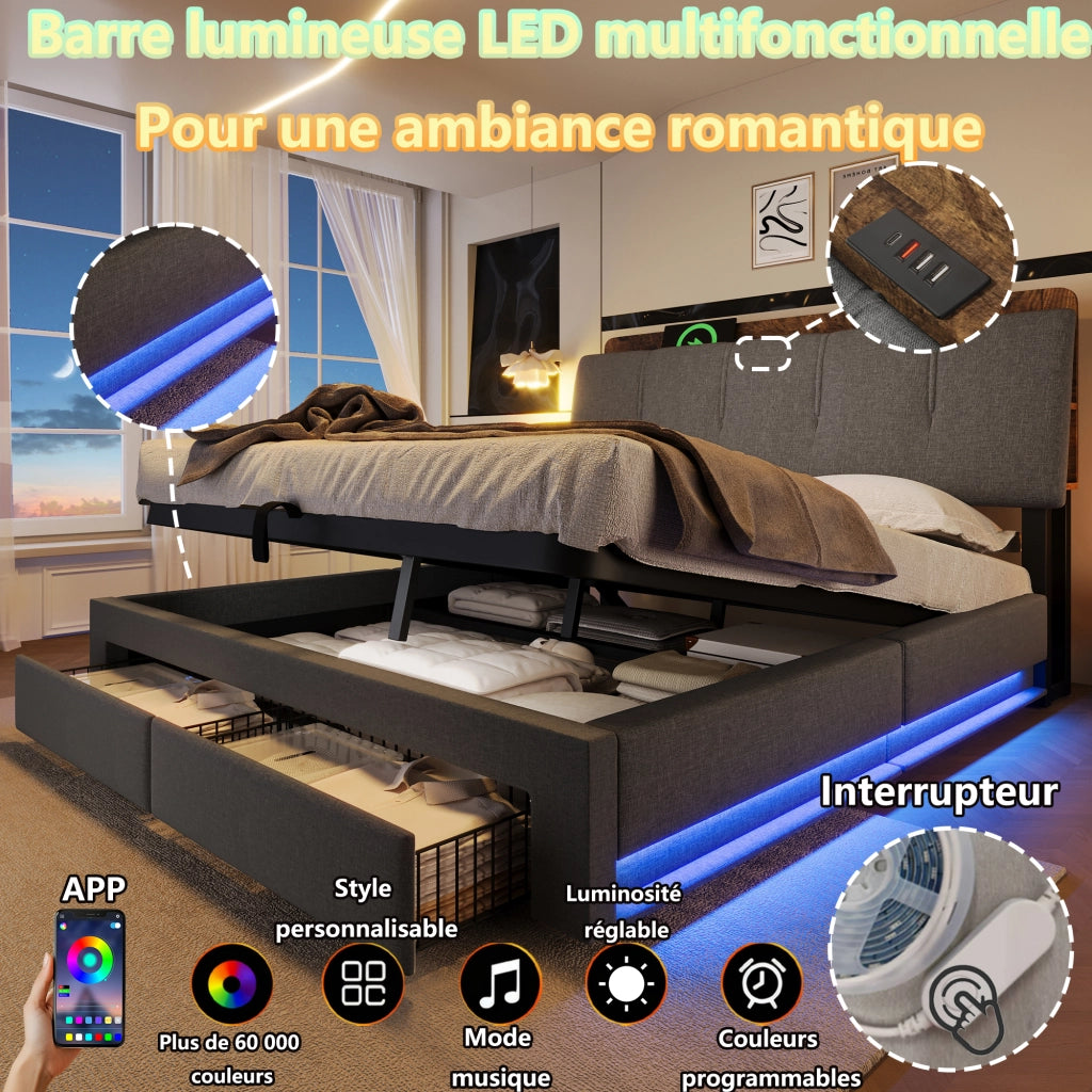 Letto Contenitore 140x200 cm; Letto Matrimoniale; USB; Type-C; LED; Cassetti; in Lino Grigio