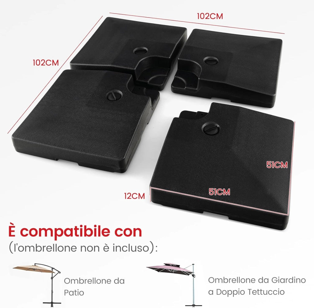 Base Ombrellone Riempibile a 4 Blocchi da 20 Litri, Base per Ombrellone Decentrato con Blocchi Riempibili di Acqua/Sabbia, Pesi per Ombrellone da Giardino Terrazzo Bordo Piscina, Fino 128 kg