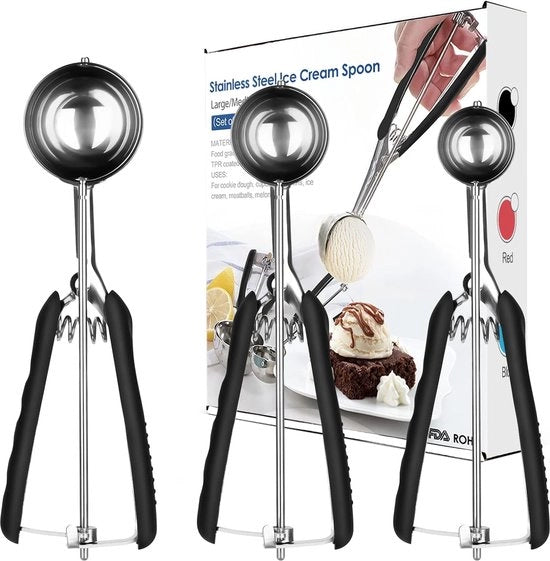 Set di porzioni per ghiaccio in acciaio inossidabile 304 per meloni di ghiaccio, palline di carne, impasto per torte, impasto per biscotti, riso, 3 misure macchina per porzioni di ghiaccio