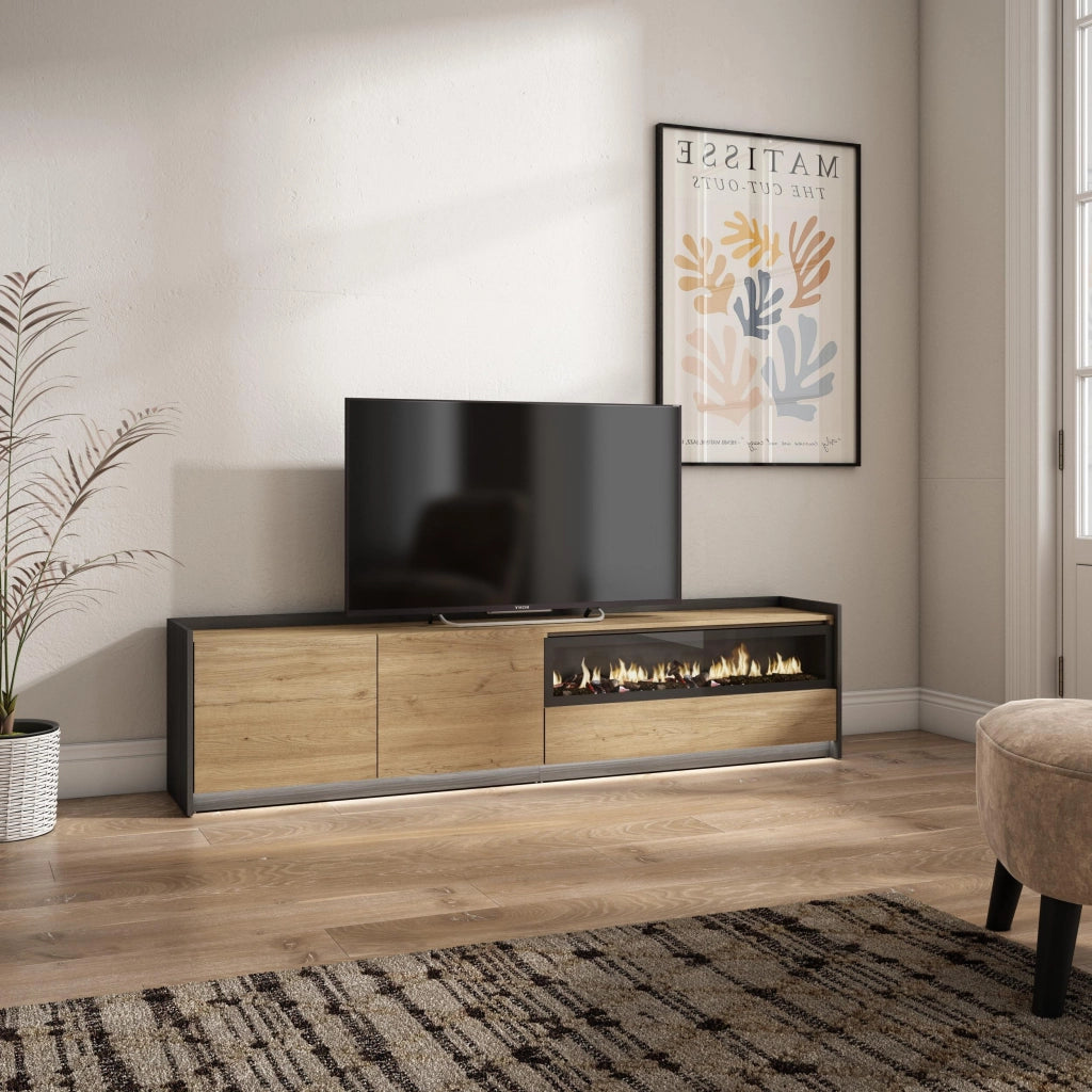 Mobile TV Soggiorno, 207x50x37 cm, Per TV fino a 80", Camino elettrico, LED, Rovere e nero