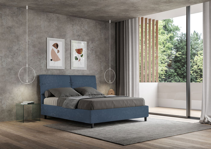 Letto Matrimoniale 160x210 cm con Rete e Contenitore con Testata e Alzata Comoda Imbottito in Microfibra Sleeper Blu