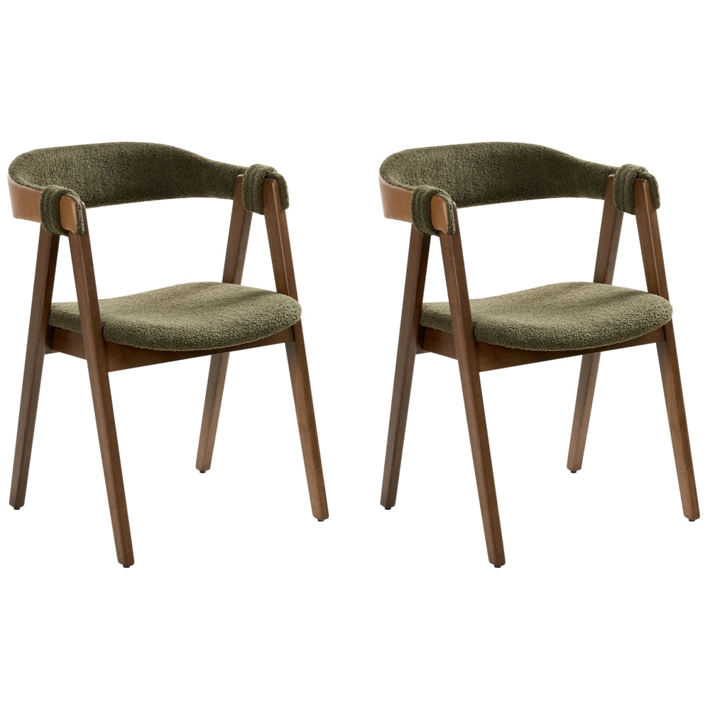 Set di 2 sedie da pranzo in tessuto boucle di poliestere marrone scuro e verde con gambe in legno di gomma in stile retrò tradizionale
