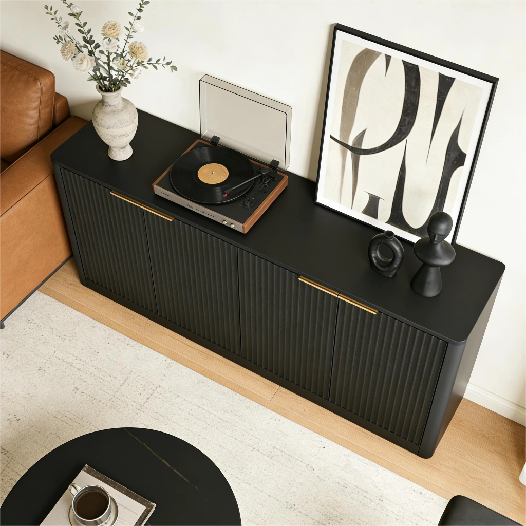 Credenza con 4 ante e vani chiusi; per soggiorno; in MDF; 150×40×70.5 cm; nera
