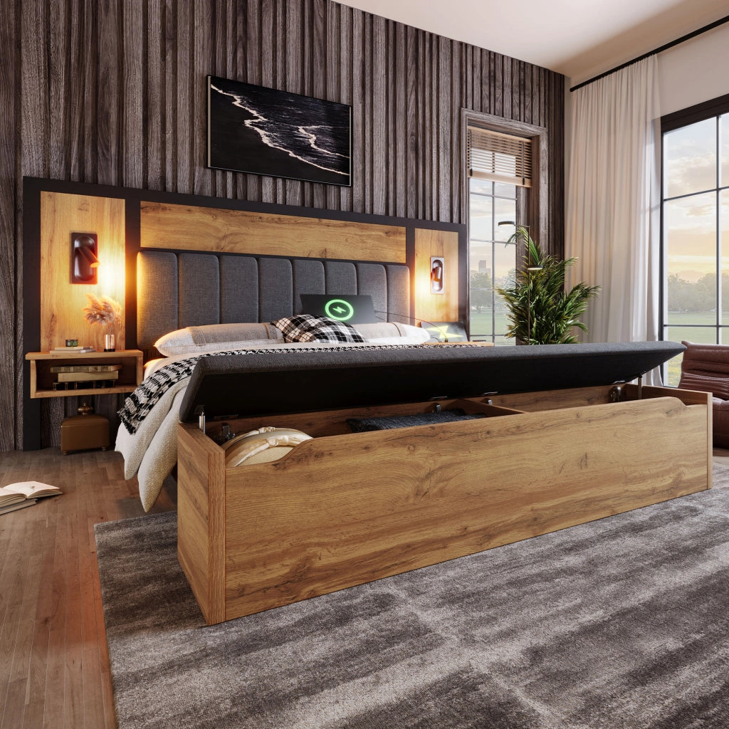 LETTO matrimoniale 160x200 cm con comodini, luci lettura e panca contenitore rovere