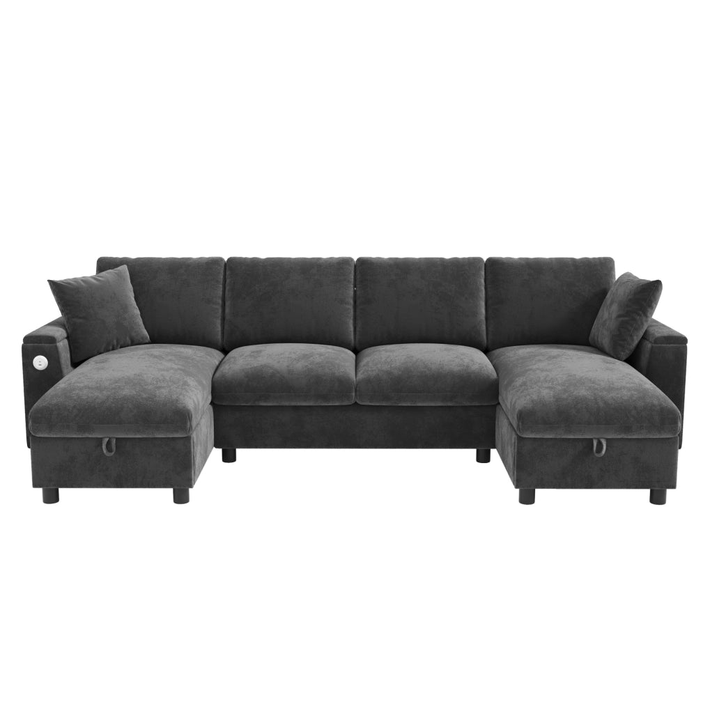 Divano a U ULEVR 279x135x84 cm in ciniglia grigia con 2 chaise longue contenitore, USB e Type-C