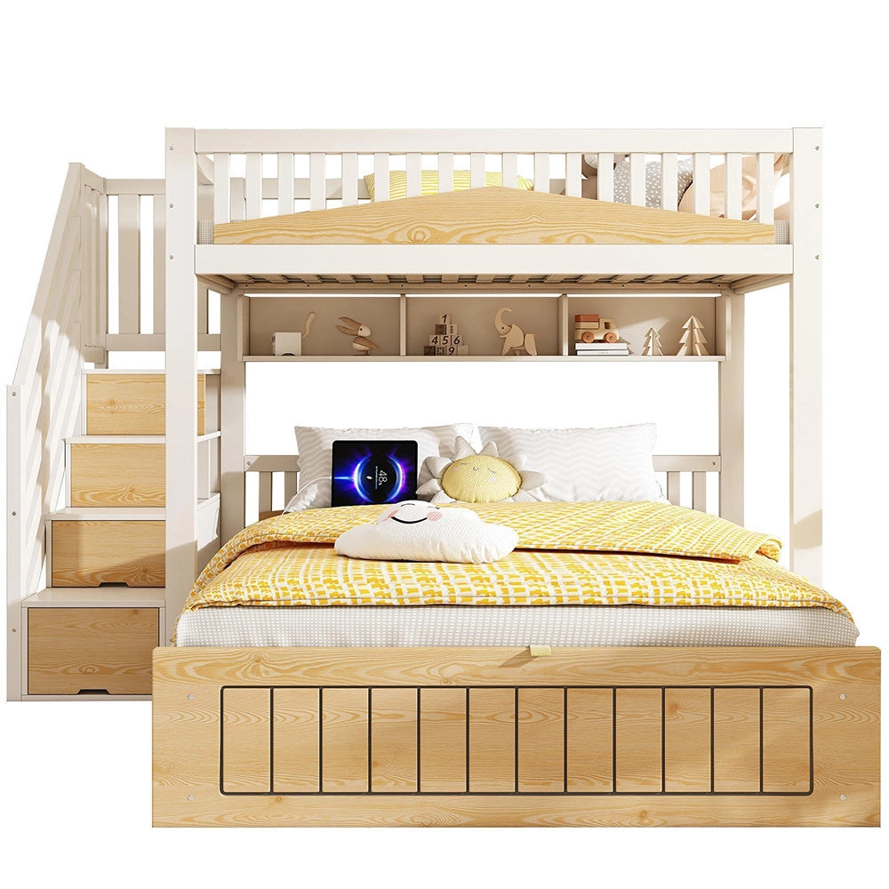 Letto a castello in legno per bambini - Xylo - 90x200 & 140x200 cm - Bianco e naturale - Con spazio di archiviazione idraulico, armadio con scala, barriera di sicurezza e porta USB-C