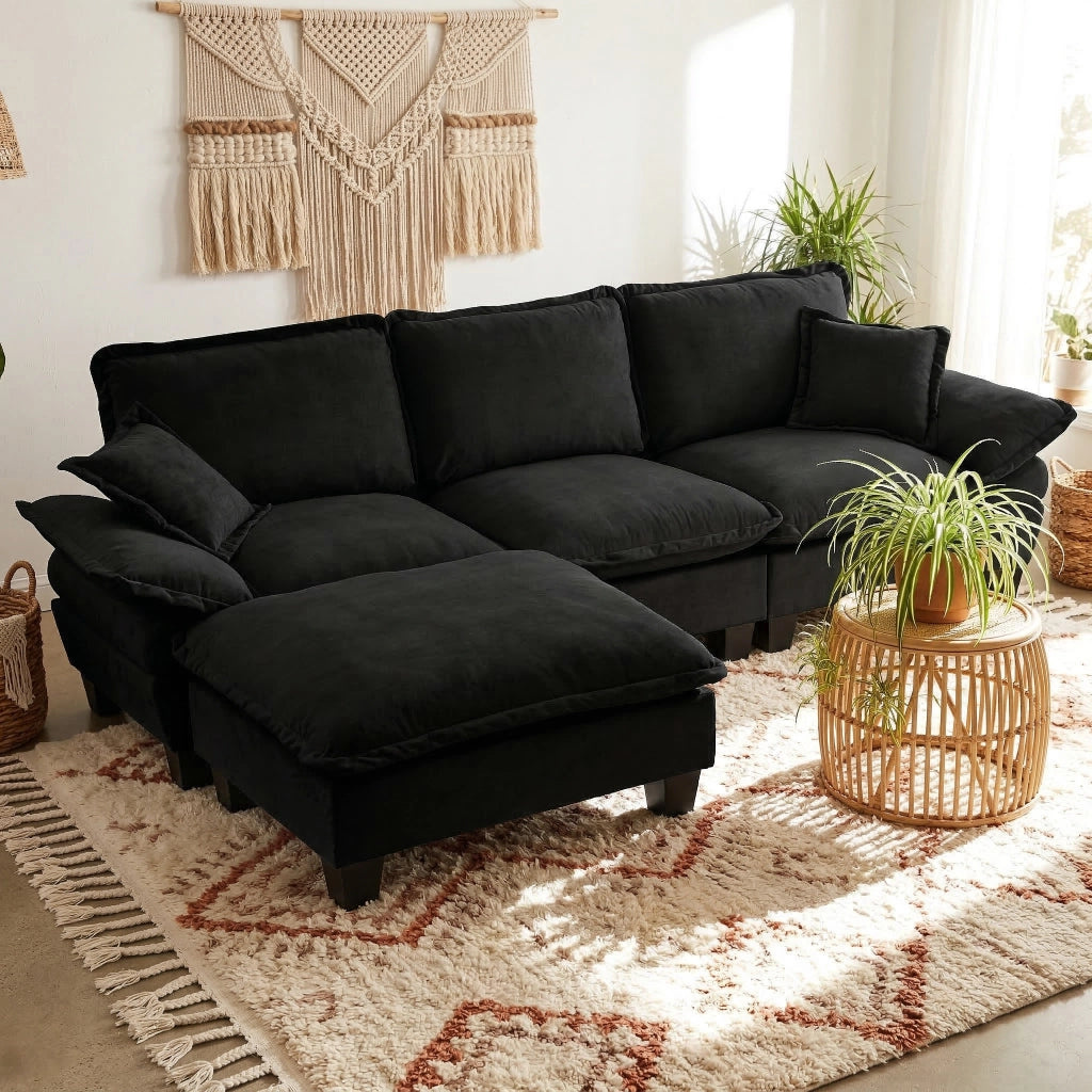 Divano angolare modulare a forma di L con pouf mobile e cuscini, in ciniglia nera per soggiorno e appartamento
