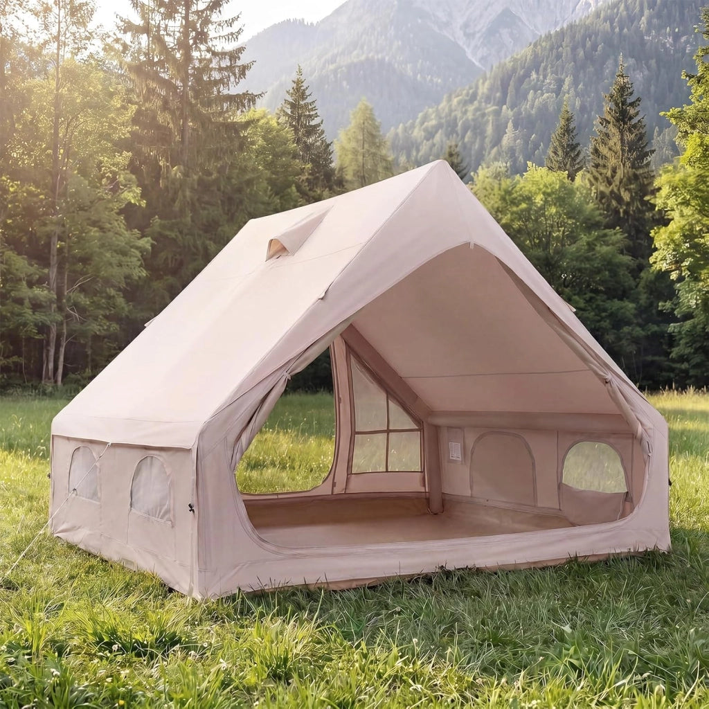 Tenda da Campeggio Gonfiabile, Tenda da Esterno in Tessuto Oxford Impermeabile con Porte, Finestre, Apertura del Camino, Pompa e Borsa da Trasport per 4 Persone, per Viaggi e Escursionie