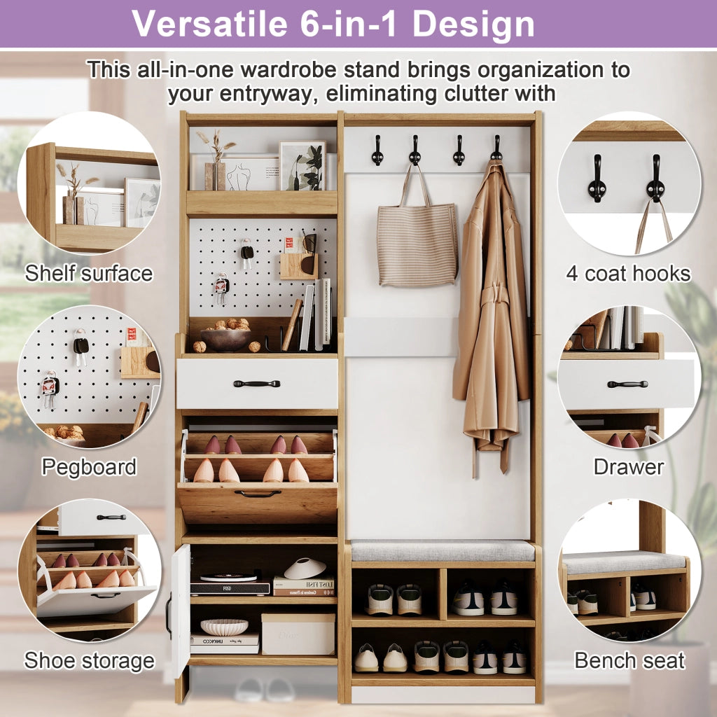 Mobile da ingresso con scarpiera, panca e vani aperti, 1 cassetto, in truciolato bianco e rovere 108.5 × 35 × 180 cm