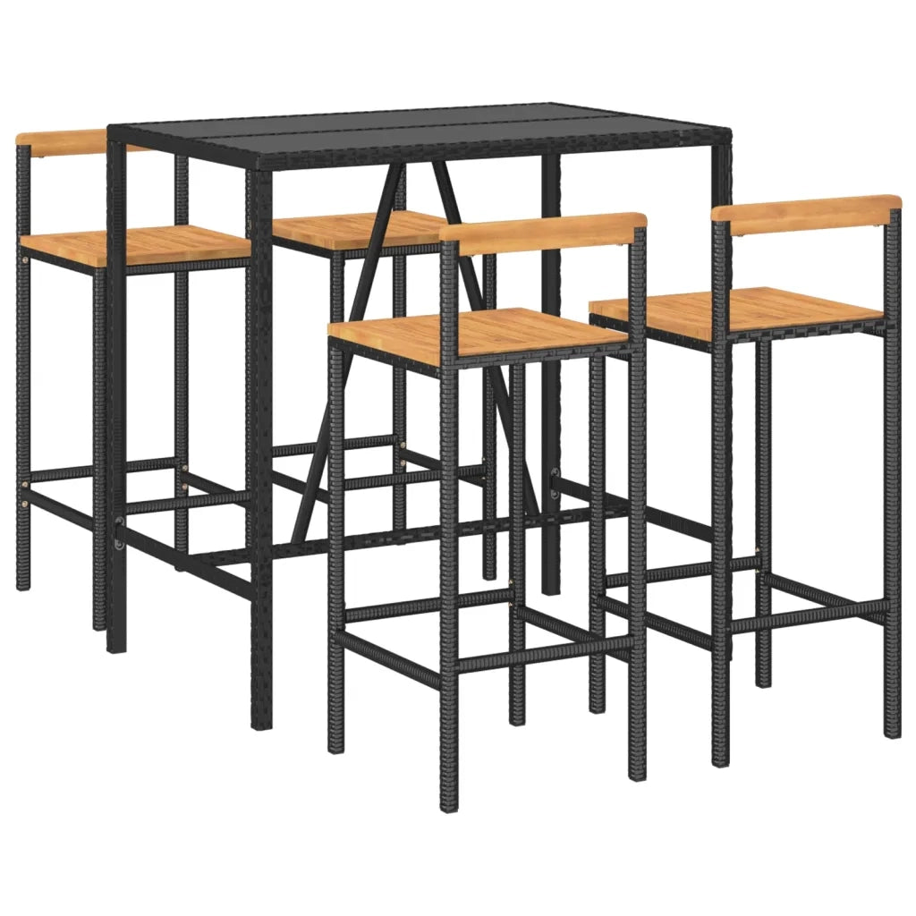 Set Bar Giardino 5 pz Nero Polyrattan e Legno Massello Acaciacod mxl 100686