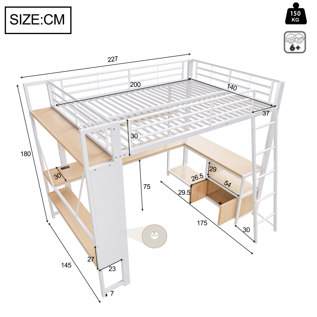 LETTO Soppalco 140x200 cm in metallo e MDF bianco con scrivania, LED e USB