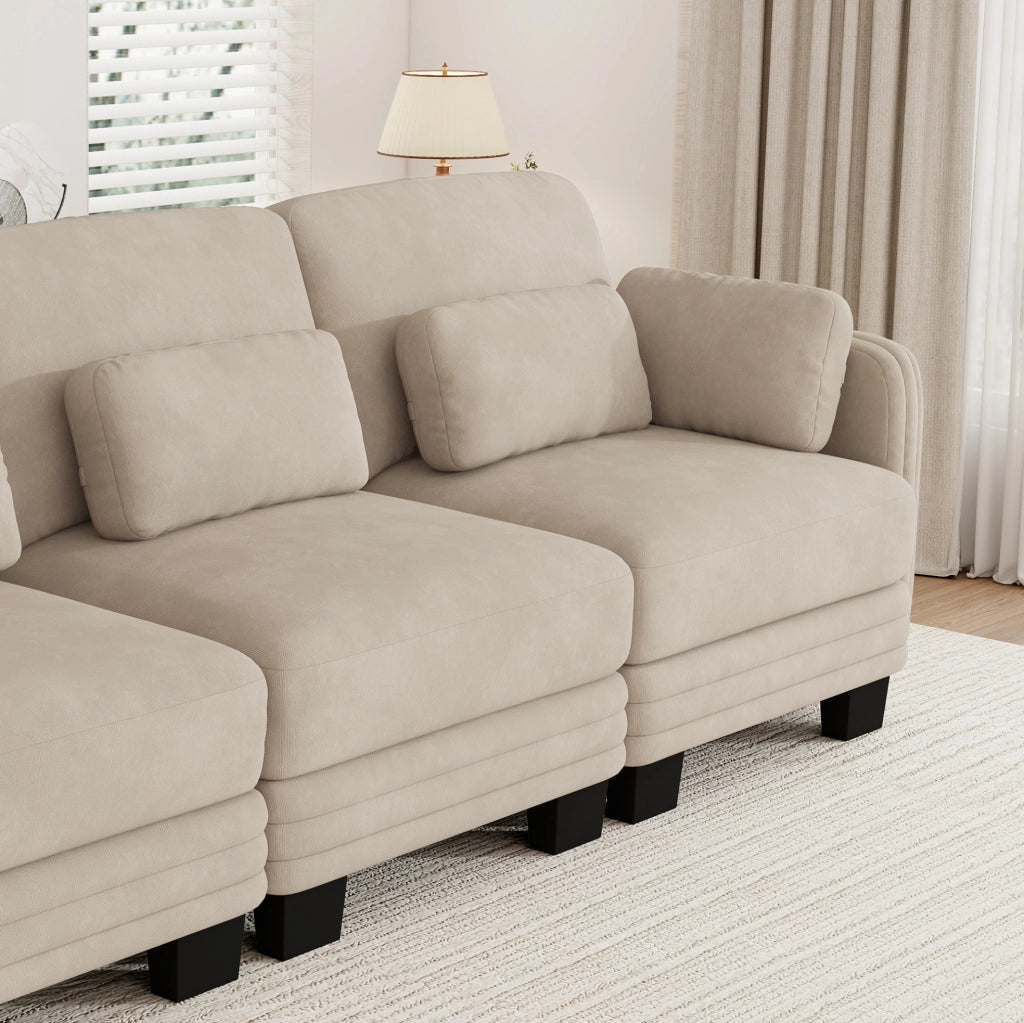 Divano modulare lineare 4 posti 330 cm in ciniglia color caffè chiaro con cuscini mobili