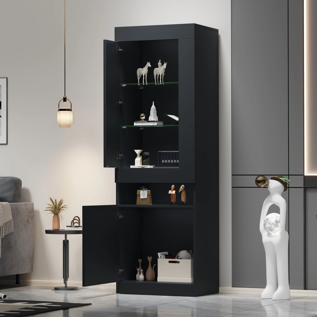 Vetrina con led e 1 anta semicoperta, 2 ripiani in vetro e vani aperti, stile moderno, per soggiorno e ufficio, nero, 50 × 40 × 180 cm