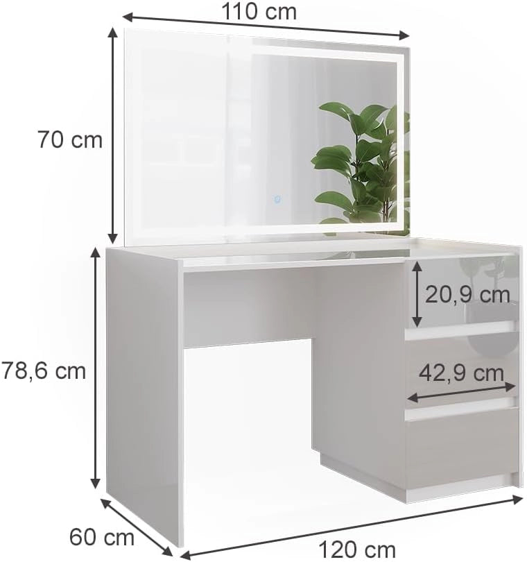 Tavolo da toilette Marla, Bianco lucido, 120 cm con specchio a LED, Ampia superficie del tavolo per trucco, gioielli e accessori per lo styling