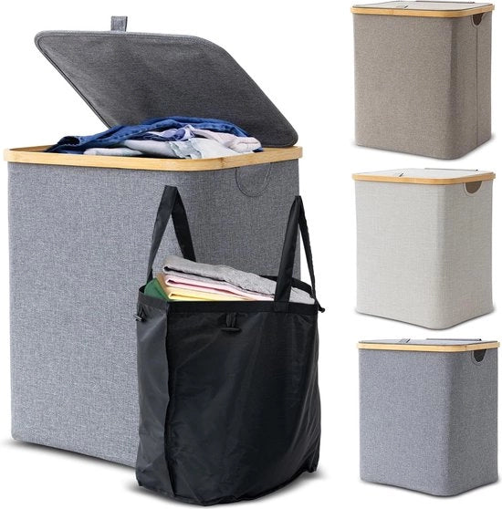 Wasmacchina compatta con coperchio, lavatrice stabile migliorata, lavatrice con maniglia in bambù e tasca interna per la conservazione degli abiti, lavatrice (grigio chiaro)