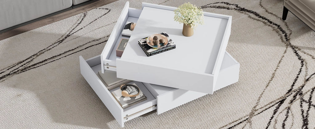 TAVOLINO DA CAFFÈ Girevole 360° 60x60x38 cm Bianco con 2 cassetti